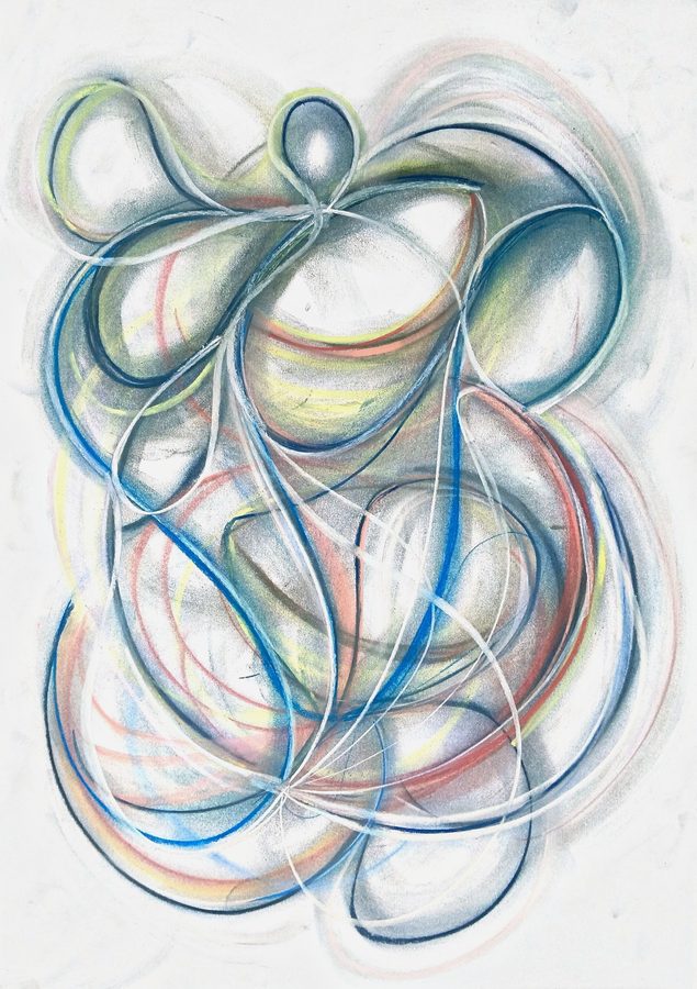 Abstract chalk drawing in silvery greys: a dense weave of modelled planes suggests a standing figure, a teardrop head resting on shoulders at the top. Long white chalk strokes cut across the volumes and anchor in neighbouring planes; muted blue, red and yellow accents thread through, gathering in a spiralling basket of lines at the bottom. Metallic, bodily and quietly tense.