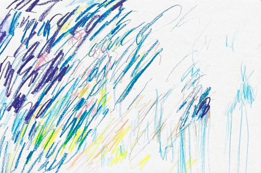 Landscape sheet swept by parallel diagonal strokes — ultramarine, cobalt and turquoise driving up to the right, with lemon and green flashes breaking through the weave and salmon undertones inside it. The storm thins toward the lower right, where the paper takes over. Pure momentum, drawn at speed.