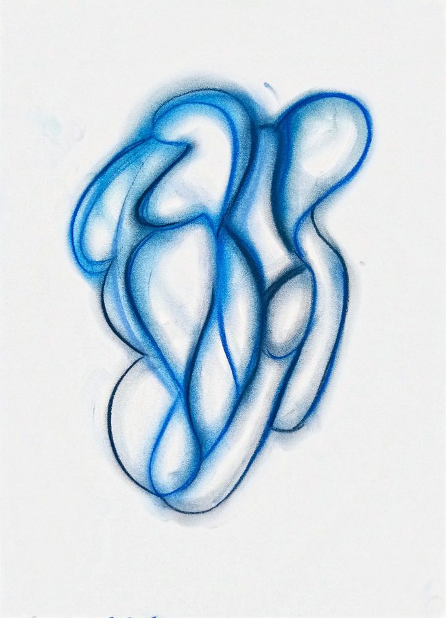 A single knotted form in blues stands centred on white paper: smooth, interlocking rounded shapes drawn in crisp cobalt line and shaded with soft smoky blue, swelling and folding into one another like glass or flesh. Poised and complete, with a quiet bodily undertone.