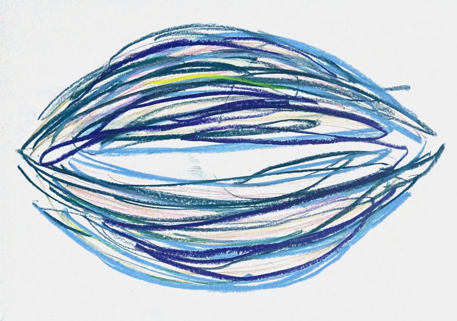 A single almond-shaped form floats centred on white paper, woven from long horizontal strands of cerulean, navy and teal with pink, cream and a flash of yellow-green threaded through. The strands converge to points at left and right, and an island of bare paper glows at the core — an eye, a seed, a nest.
