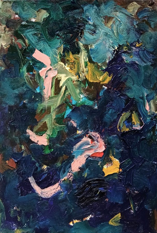 Dense weave of dark teal and navy with a pink ribbon snaking through the lower centre and a second pink diagonal at the upper left, flecked with gold. Luminous through its density.