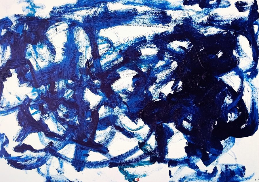 Fast ultramarine calligraphic sweeps on white paper, gathering into a knotted mass right of centre and flying loose at the edges. Blue on white, confident and quick.