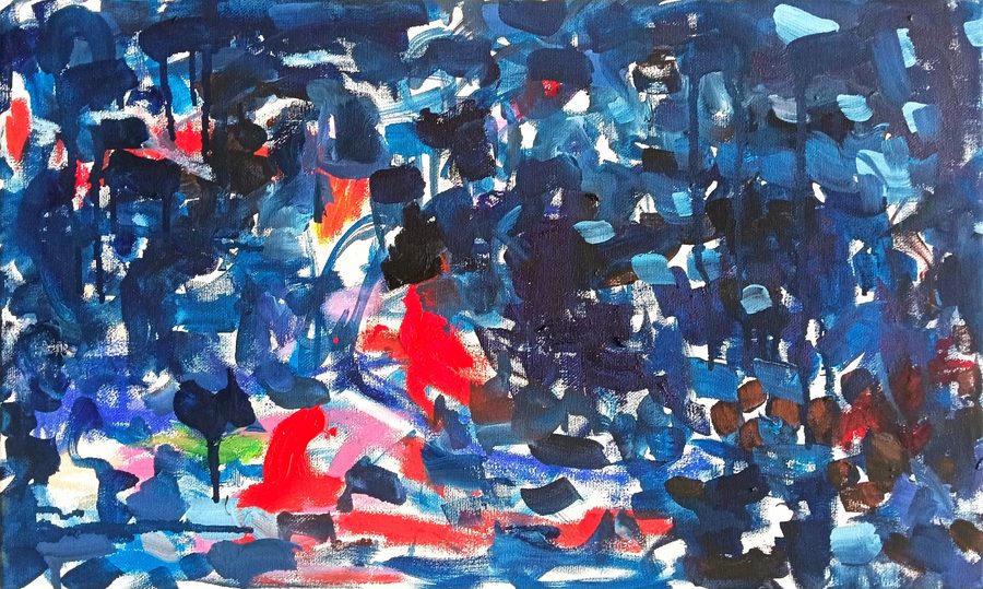 All-over field of blue dabs — navy through cobalt to pale sky — with white gaps glinting between strokes and small red flares low in the centre. A marine nocturne, shimmering and calm.