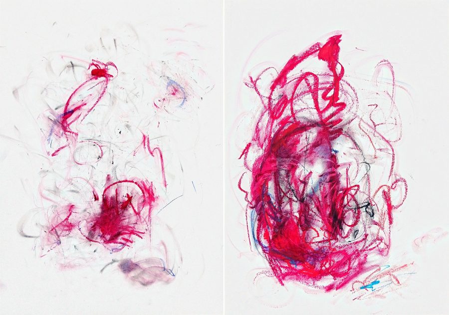 Diptych of two oil-pastel sheets in crimson and magenta on white. The left sheet is pale and ghosted — dispersed smudges of pink and smoke grey, marks almost lifted off the paper. The right gathers the same palette into one dense, scribbled knot of saturated reds. Exhale and inhale, side by side.