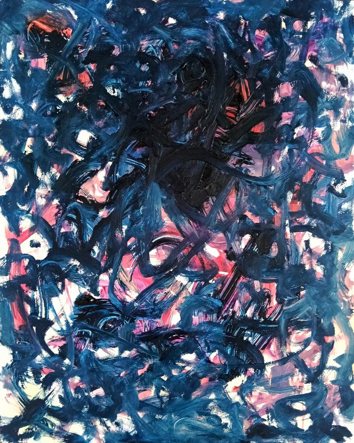 Edge-to-edge weave of navy and black brushstrokes over a pink, crimson and white ground. Every gap in the dark web glows warm, like light seen through branches at dusk. Dense, immersive and quietly radiant.