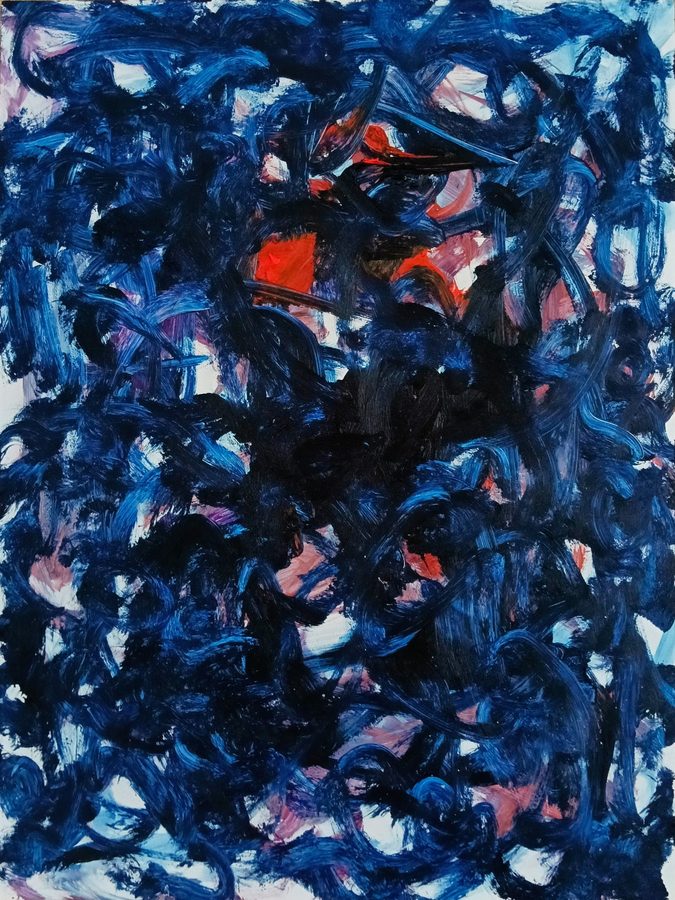 Dense navy and black brushstroke weave covering the whole panel, with red, pink and white glowing through the gaps and one vivid red window burning near the top centre. Darker and hotter than its sibling — embers under a night thicket.
