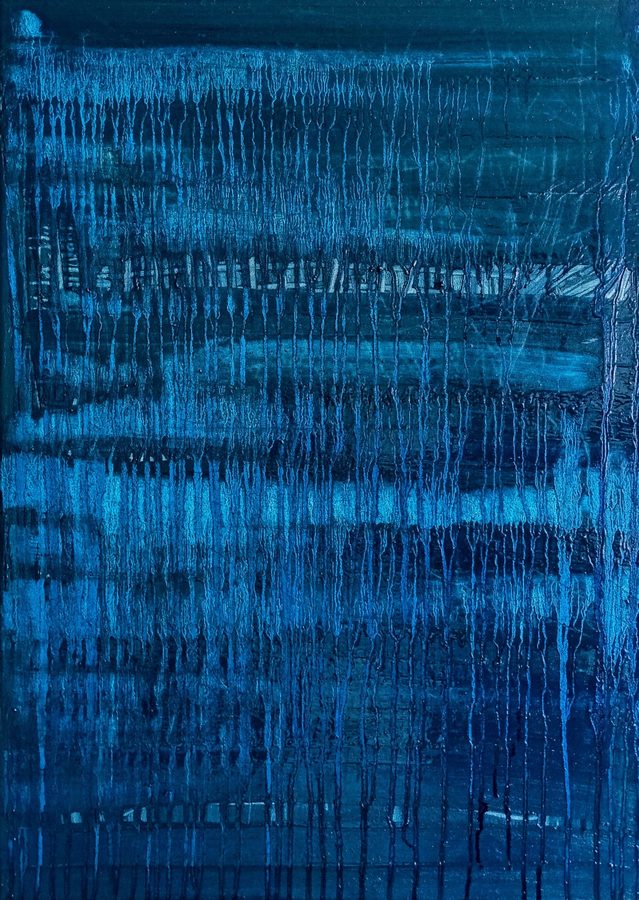 Near-monochrome oil in deep blue: a dense, immersive field of dark teal and cobalt scored top-to-bottom by countless fine vertical drips, like rain running down a window at night. Quiet, atmospheric and enveloping, with a slow, brooding stillness.