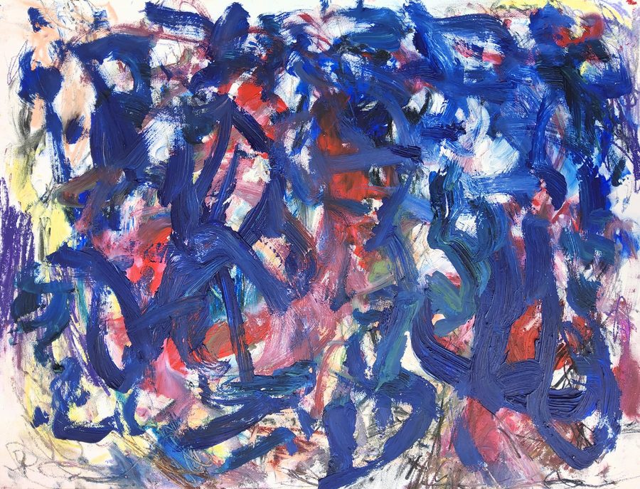 Landscape oil on paper, blue nearly all over: a swarm of ultramarine and navy strokes over a red and rose underlayer that glows through the middle like embers under ash. White paper sparks between the strokes; yellow flickers at the left edge, a violet scribble in the lower left corner. Deep, layered and weather-like.