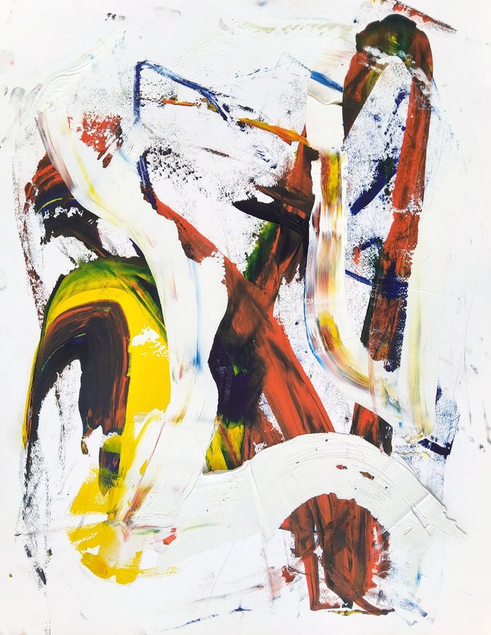 Portrait oil on paper, a dense dark block on bare margins. Yellow and red burn under a black scaffold of bars and verticals; a single white vertical stroke falls through the middle of the mass like a plumb line. Heavy, hot and centred, with paper breathing at the edges.